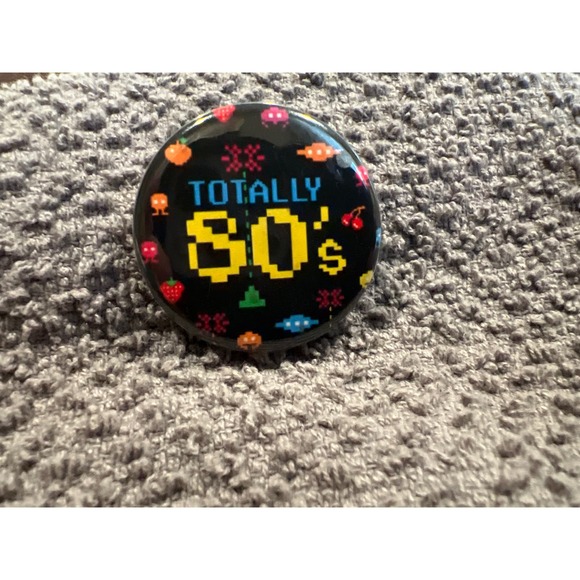 Jewelry - Totally 80s Retro Arcade Pixel Art Pin Back Button 1 Inch Black Yellow Blue